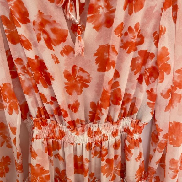 Misa Los Angeles Lorena Long Sleeve Mini Dress Orange Floral Ruffle Chiffon XS - Picture 6 of 10